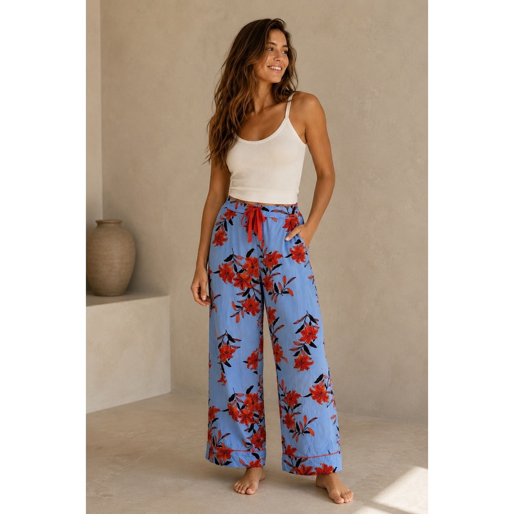 Diane von Furstenberg DVF Blue Red Floral Lily Wide Leg Pajama Pants Size 2